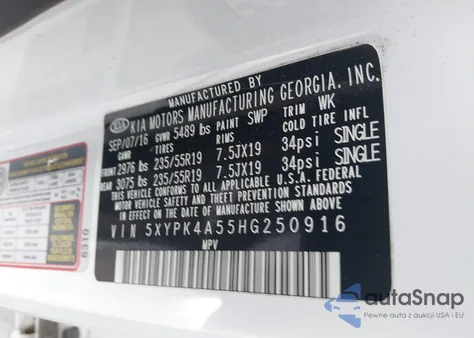 2017 Kia Sorento 3.3L Sx z USA, uszkodzony, nr VIN 5XYPK4A55HG250916